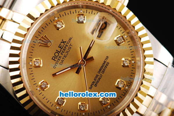Rolex Datejust Swiss ETA 2836 Automatic Movement 18K Gold Never Fade with Diamonds Markers and Gold Dial-Two Tone - Click Image to Close